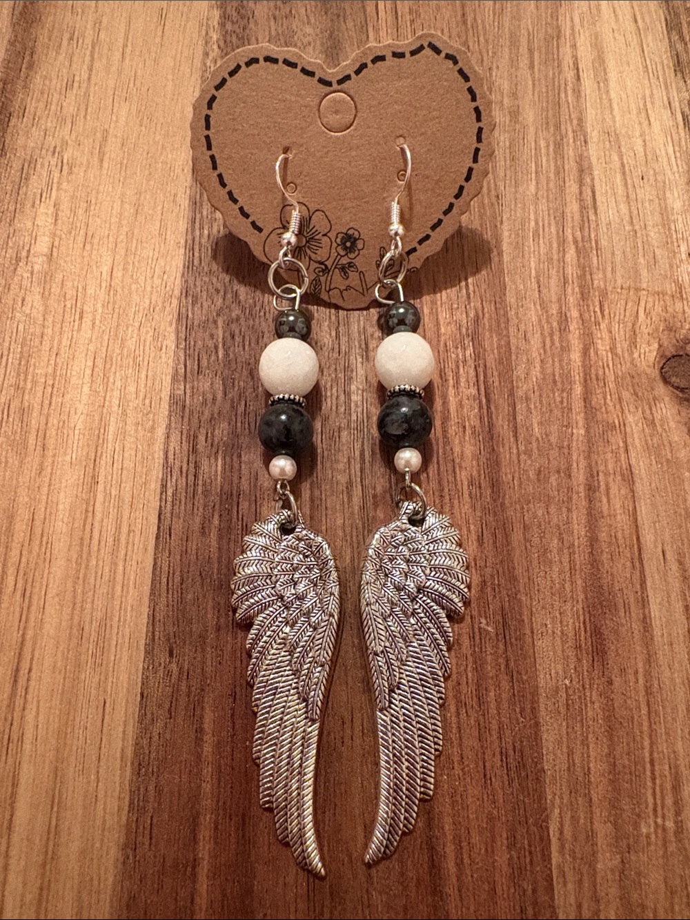 Handmade Angel Wing Dangle Earrings w/ Labradorite, Quartz, Hematite